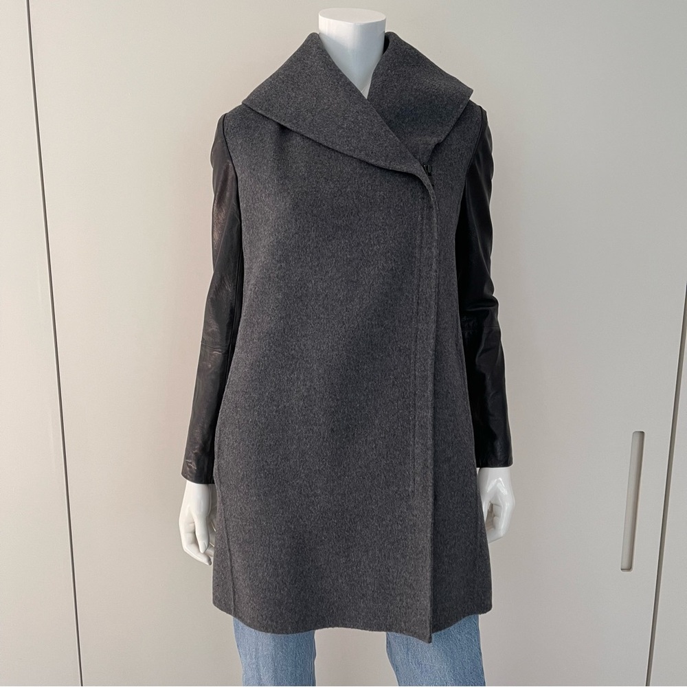 VINCE Wool Coat w/ Leather Sleeves in Grey/Black